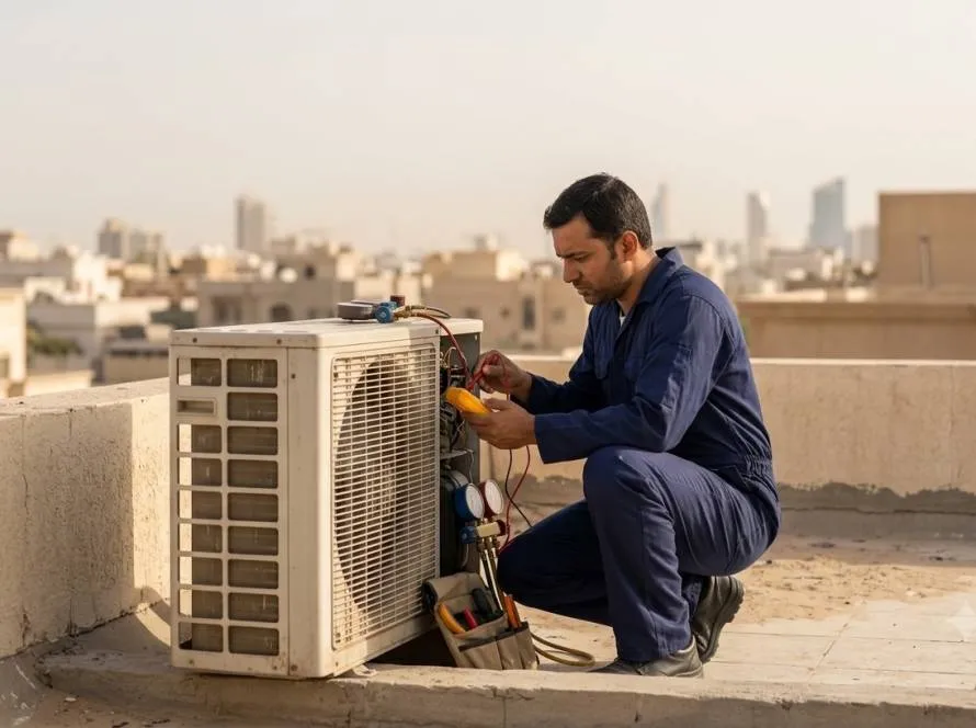 AC repair technician diagnosing a rooftop condenser unit in Kuwait
