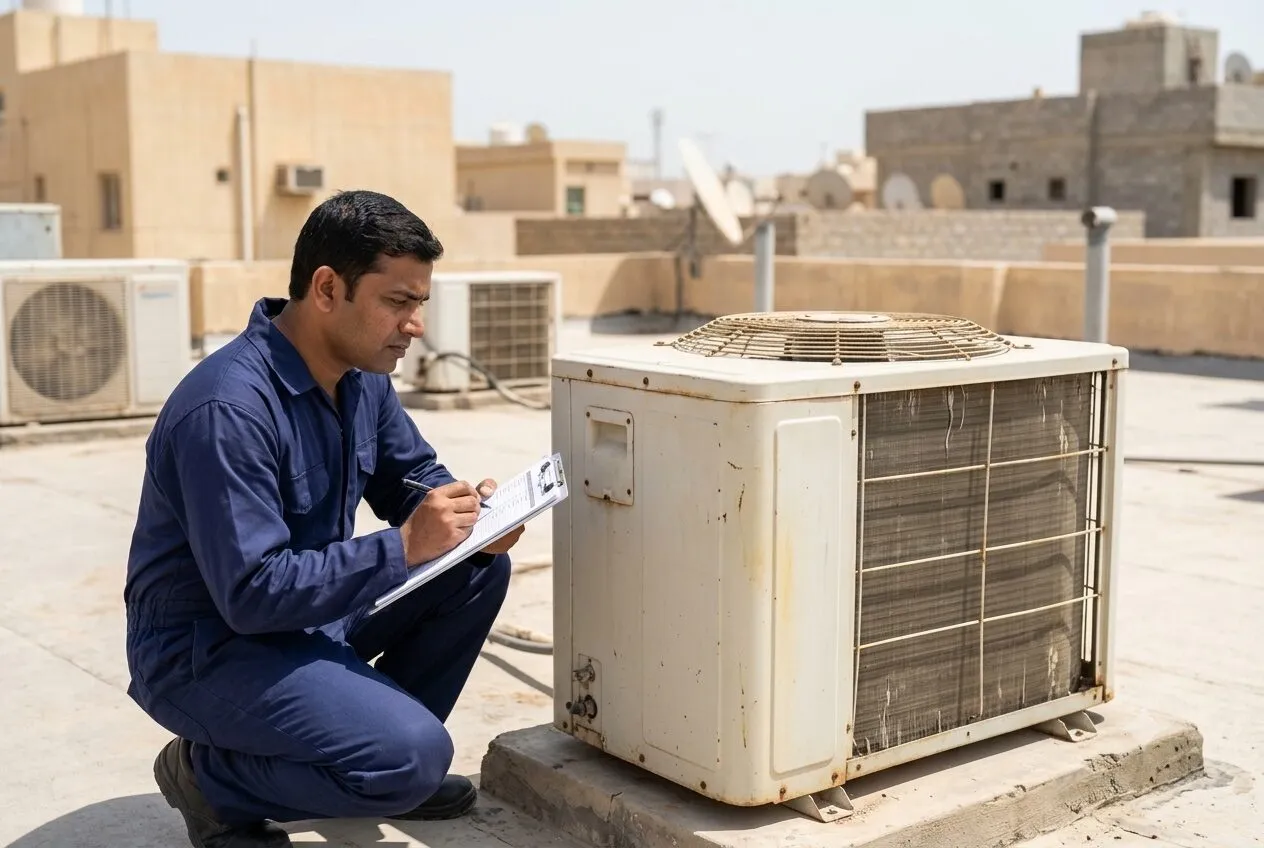 An older, weathered outdoor AC unit being inspected for possible replacement