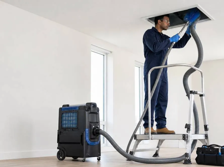 Technician cleaning an air duct vent using a ladder platform