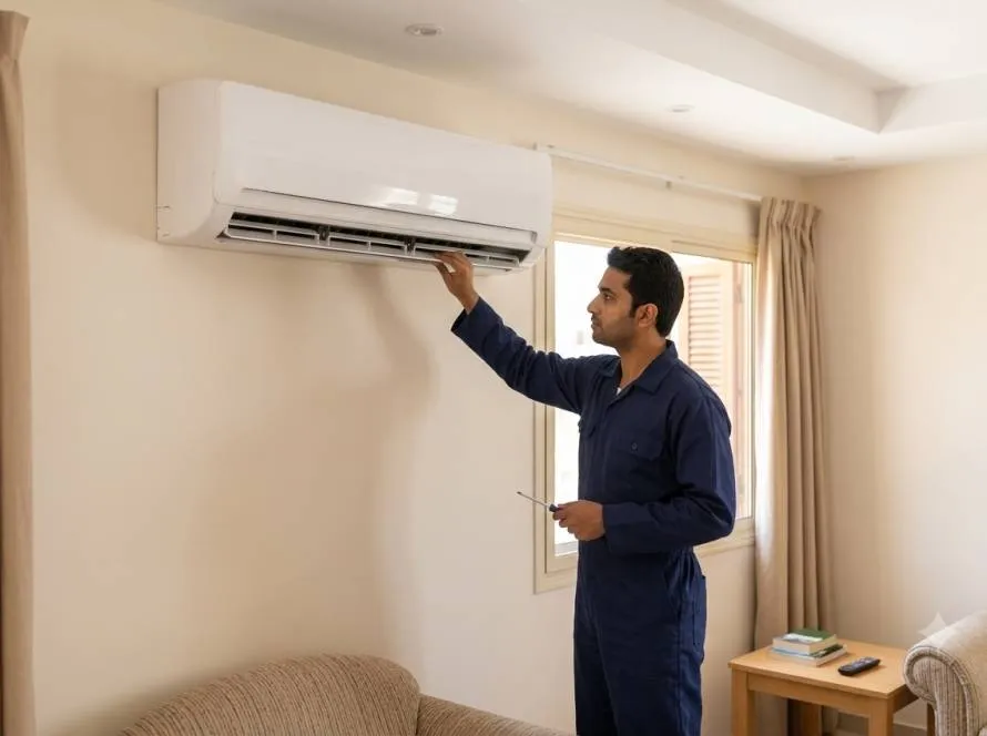 AC technician servicing a wall-mounted split unit in a Kuwait home