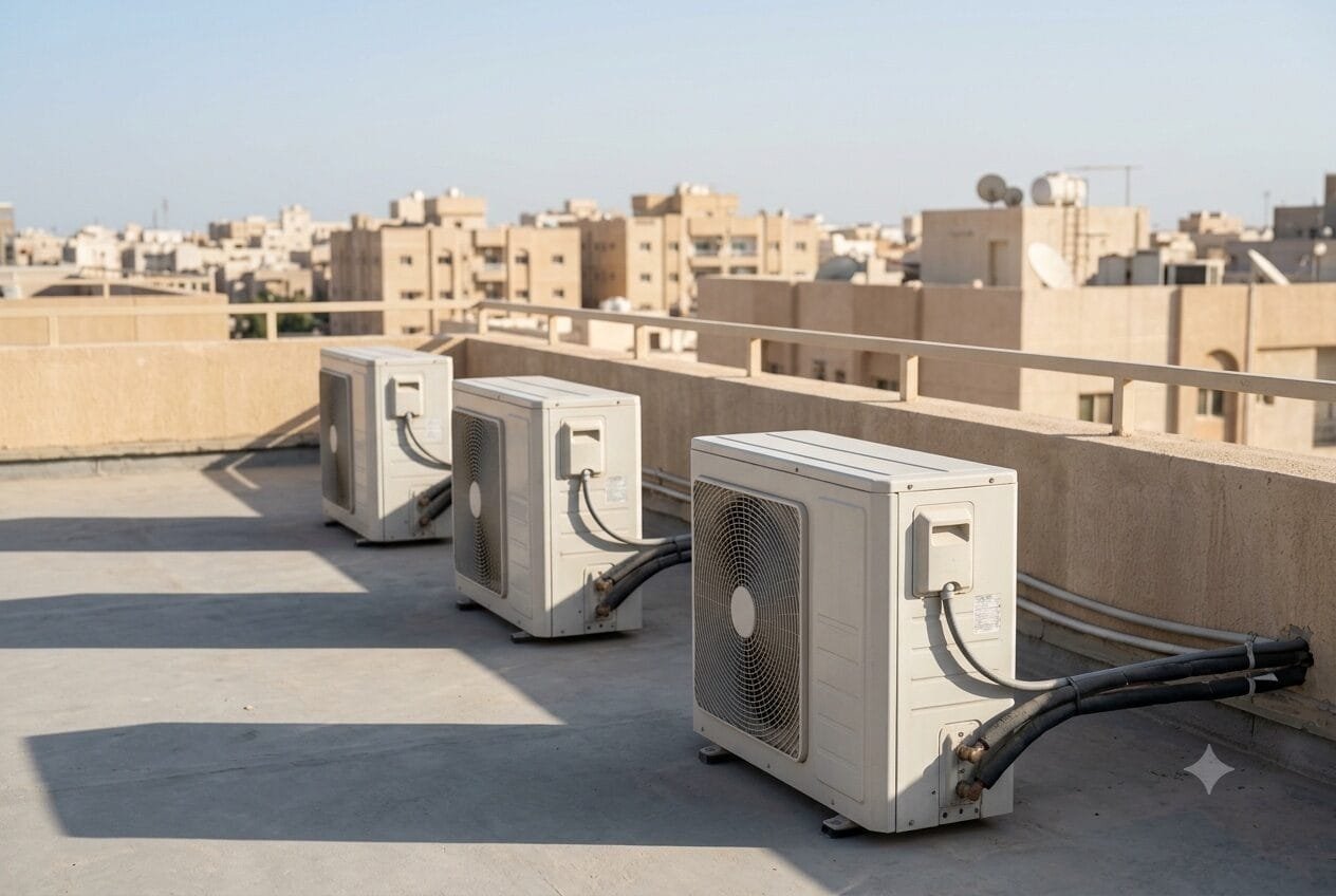 Row of outdoor AC condenser units on a Kuwait rooftop