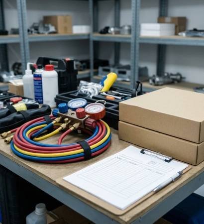 AC parts and equipment prepared for a service visit