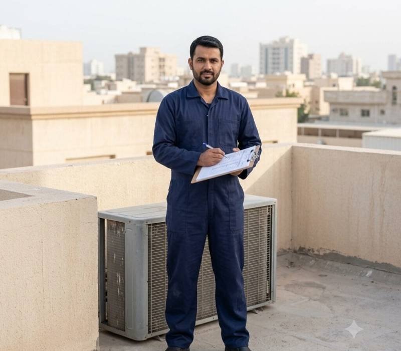 Technician completing a scheduled AC inspection on a Kuwait rooftop