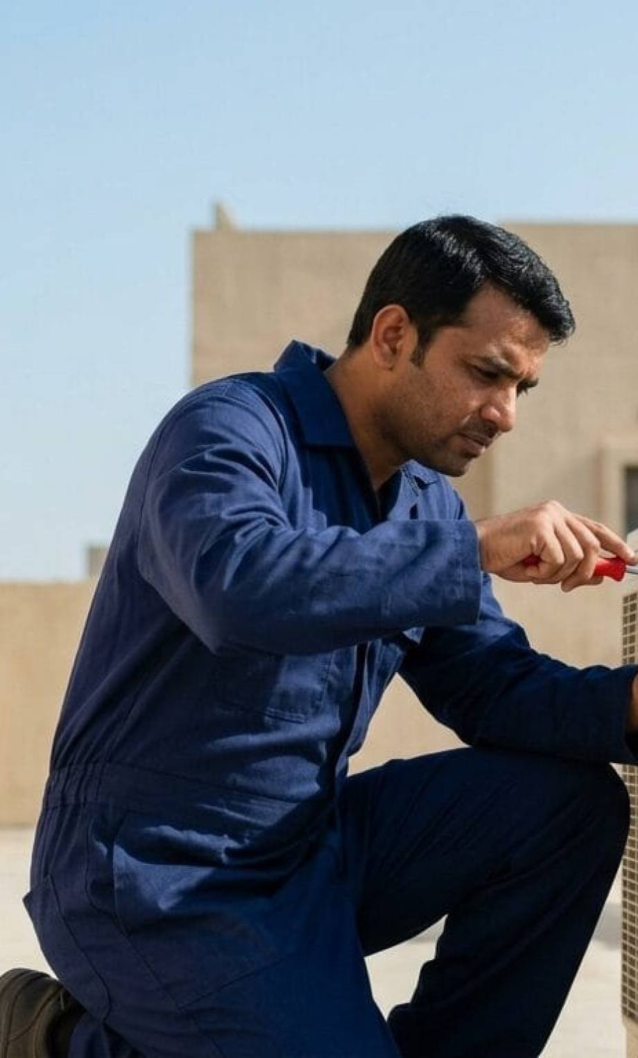 AC technician using a screwdriver to service an outdoor condenser unit